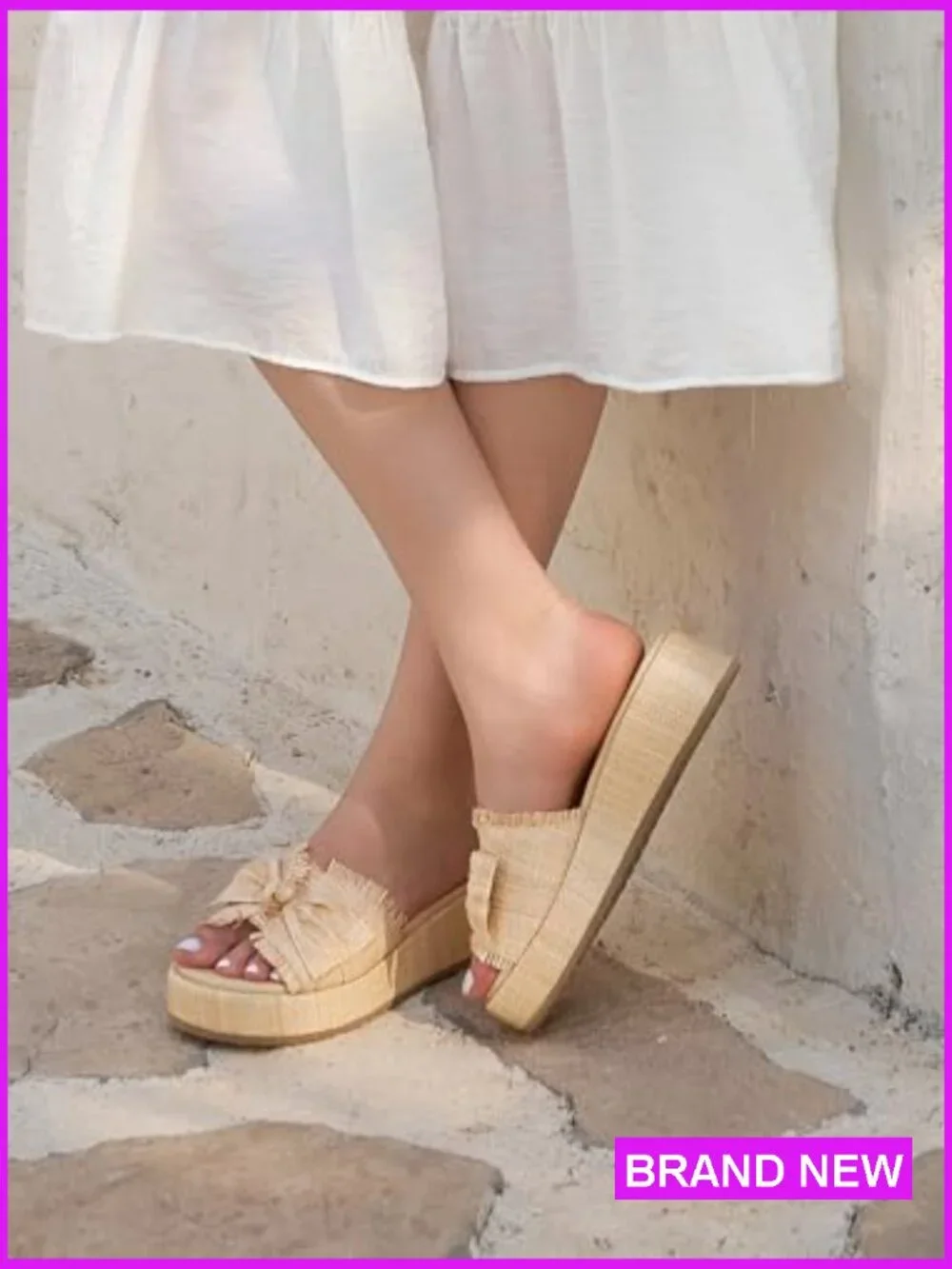 Platform Wedge Sandals Raffia Espadrilles Bow Open Toe Slip On Summer Beach